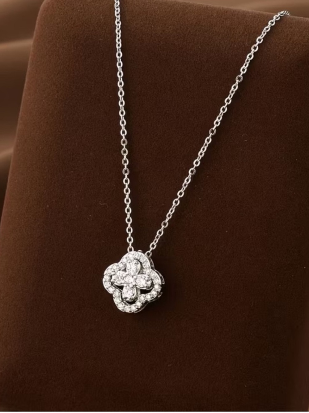 Silver Floral Pavé Cluster Clover Charm Necklace New